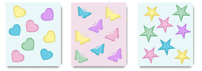 Summer  cover vector set. Summer symbol poster decorate with heart, star, butterfly, gradient background. Design for greeting card, fashion, commercial, banner, invitation.
