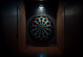 a dart board with lights on it in a dark room with a light shining on the wall and a dart in the center of the board. generative ai