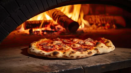 Foto op Plexiglas Pizza being baked in the wood oven © neirfy