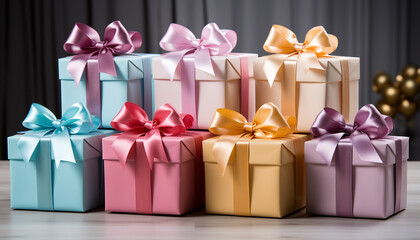A stack of shiny gift boxes, wrapped in colorful paper generated by AI