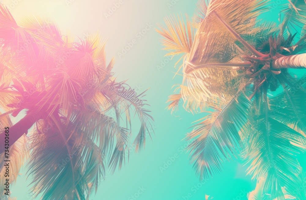 Poster a tropical background is shown with palm trees generative ai