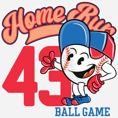 Illustration of baseball ball with character or mascot style with cap and gloves, Text " Home Gun Ball Game and number 43 " fun background in sport tones, college style number or letter in background