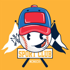 Illustration of baseball ball with character or mascot style with cap and gloves, Text " Sport Club Since 1996 " fun background in sport tones, college style number or letter in background