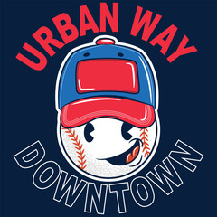 Illustration of baseball ball with character or mascot style with cap and gloves, Text " Urban Way Downtown " fun background in sport tones, college style number or letter in background