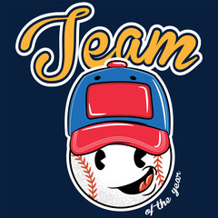 Illustration of baseball ball with character or mascot style with cap and gloves, Text " Best Team Player " fun background in sport tones, college style number or letter in background