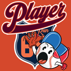 Illustration of baseball ball with character or mascot style with cap and gloves, Text " Best Player Home Run and number 63 " fun background in sport tones, college style number.