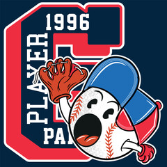 Illustration of baseball ball with character or mascot style with cap and gloves, Text " Best Player Play Off and number 1996 " fun background in sport tones, college style number.