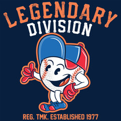 Illustration of baseball ball with character or mascot style with cap and gloves, Text " Legendary Division Best Player " fun background in sport tones, college style number or letter in background