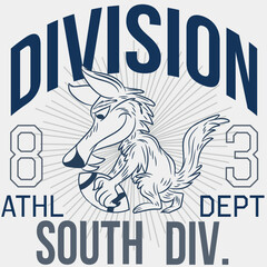 Illustration of wolf mascot with American football elements, with ball and text " Division Athletic Department, south div. " with bright colors and texts on different backgrounds combining shields.