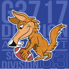 Illustration of wolf mascot with American football elements, with ball and text " Street Division " with bright colors and texts on different backgrounds combining shields and letters or numbers.