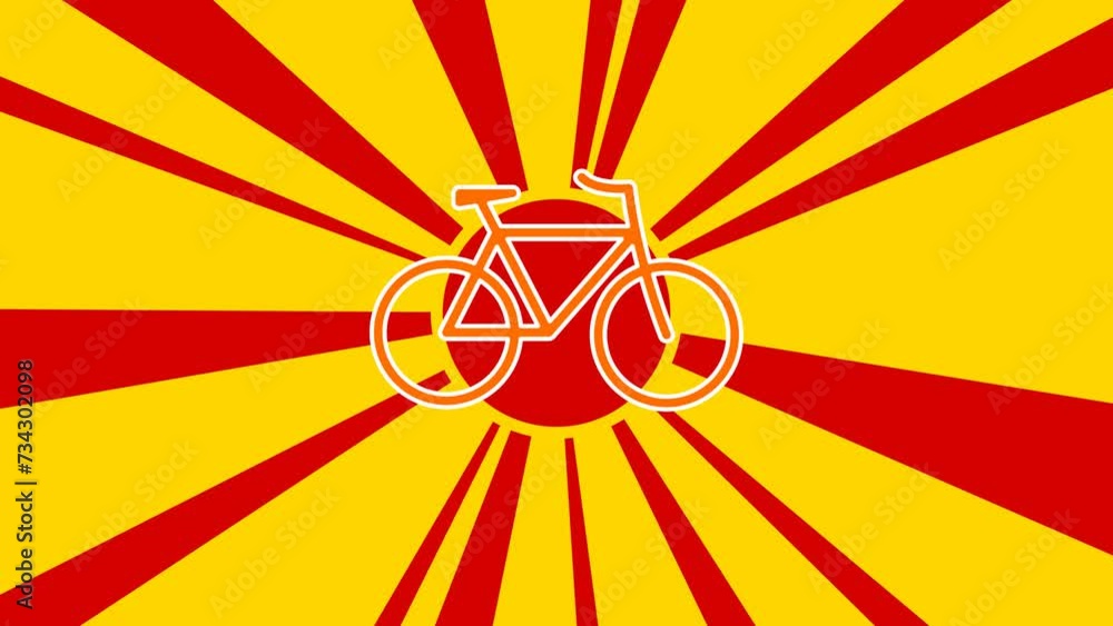 Poster bicycle symbol on the background of animation from moving rays of the sun. large orange symbol incre