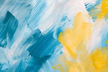 Sweeping strokes of blue and yellow acrylic paint on a white canvas.