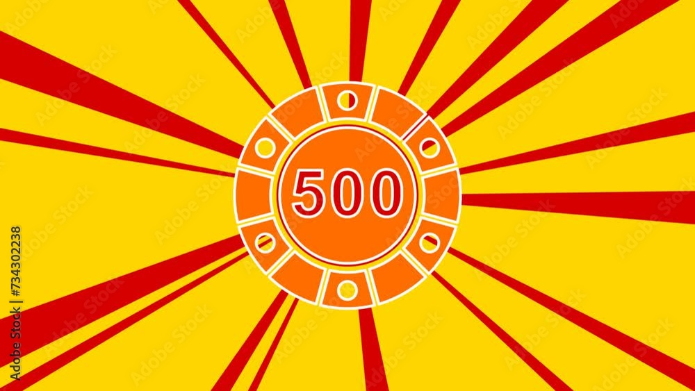 Poster poker chip symbol on the background of animation from moving rays of the sun. large orange symbol in