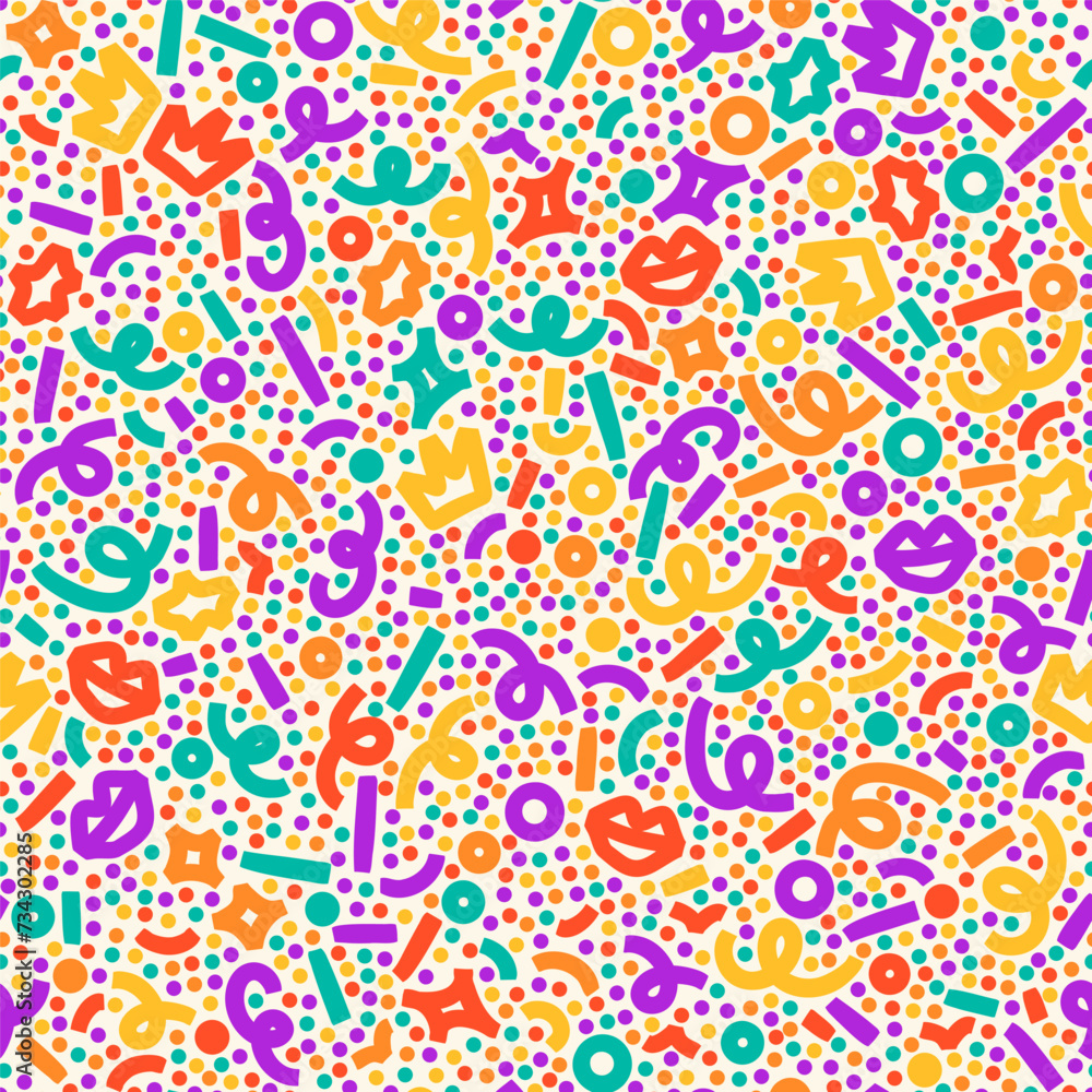 Poster confetti seamless pattern. geometric background with different geometric shapes. memphis seamless co