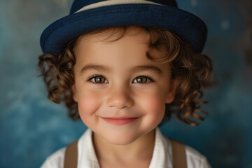 Happy little boy wearing a hat, studio portrait