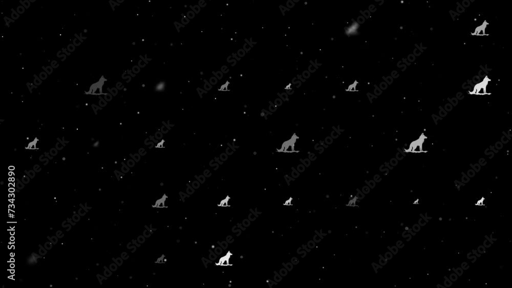 Poster template animation of evenly spaced wild wolf symbols of different sizes and opacity. animation of t