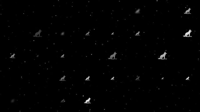 Template animation of evenly spaced wild wolf symbols of different sizes and opacity. Animation of transparency and size. Seamless looped 4k animation on black background with stars