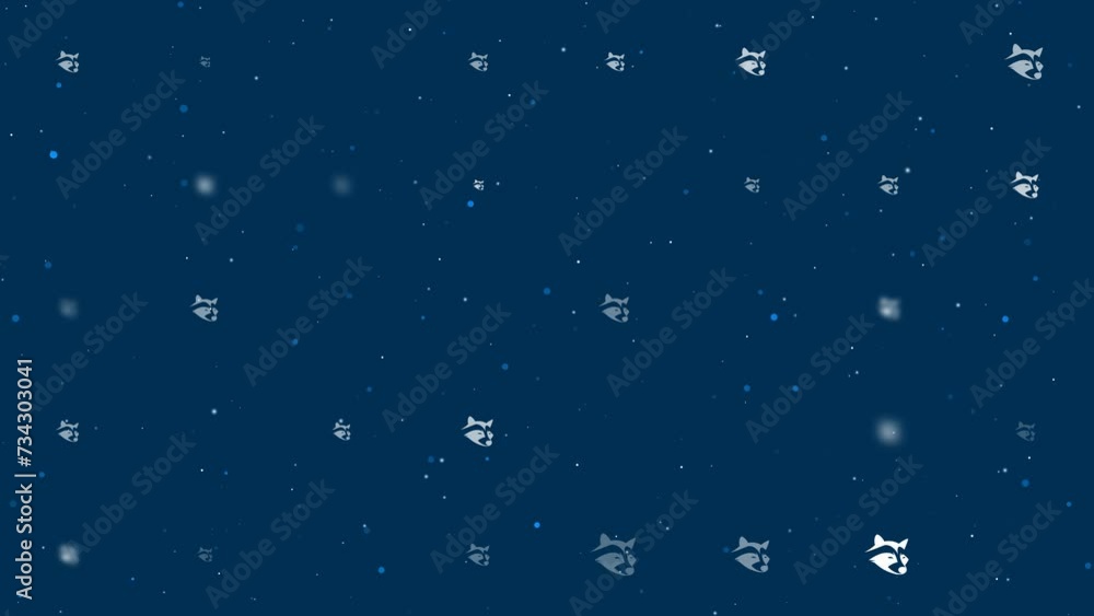 Poster template animation of evenly spaced raccoon head symbols of different sizes and opacity. animation o