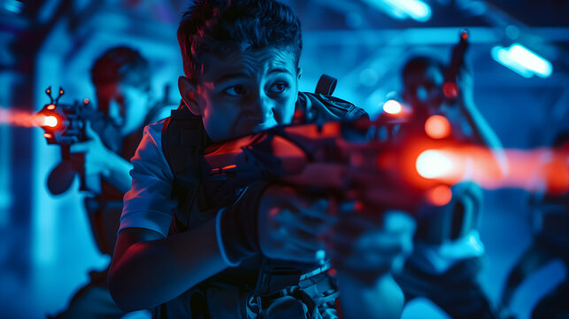 Intense laser tag match with a focused boy aiming