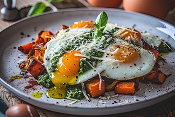 Breakfast plate with root vegetable hash and fried eggs