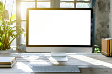 Fototapeta premium Modern workspace with a computer on a desk, white keyboard, and houseplants by a sunny window.
