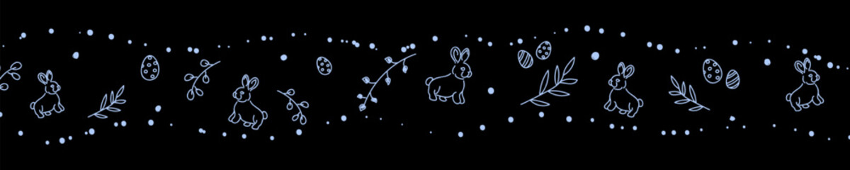 Vector. Cute hand drawn Easter horizontal background with bunnies, easter eggs. Festive background with Easter linear symbols. Copy space for text. Design cards, banners and other promotional items.