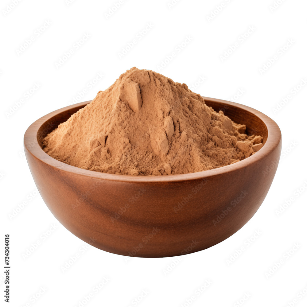 Wall mural pile of finely dry organic fresh raw cat's claw bark powder in wooden bowl png isolated on white background. bright colored of herbal, spice or seasoning recipes clipping path. selective focus