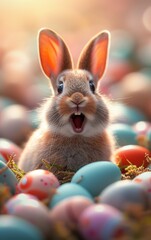 Fototapeta na wymiar A bunny with an open mouth surrounded by Easter eggs, expressing surprise and delight in a festive setting.