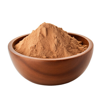 pile of finely dry organic fresh raw cat's claw bark powder in wooden bowl png isolated on white background. bright colored of herbal, spice or seasoning recipes clipping path. selective focus