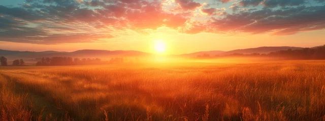 Fotobehang Sunset over a golden field, casting a warm glow that invites contemplation and calmness. © Sergei