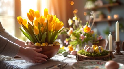 Hands adjust a bowl of fresh yellow tulips near a plate of Easter eggs on a table bathed in golden morning light.