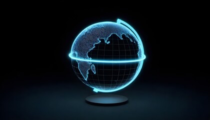 A stylized globe with a grid design and illuminated connections against a dark background, representing a concept of global connectivity and technology