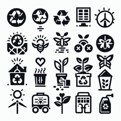 Set of black simple icons for renewable energy on grey background. Flat and minimal design in all black color focusing in recycling and sustainable living. Isolated items. Vector illustration. 