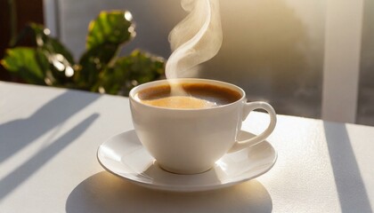 Close-up of coffee cup on table at direct sunlight. Morning coffee with steam in white cup.