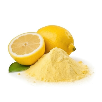 close up pile of finely dry organic fresh raw lemon powder isolated on white background. bright colored heaps of herbal, spice or seasoning recipes clipping path. selective focus