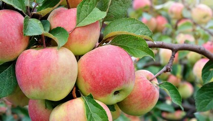 Fresh red apples with leaves. Red apples on a tree.Ripe Apples in the Apple Orchard before Harvesting. Apple orchard. Basket of Apples. Morning shot. Harvest agriculture concept.