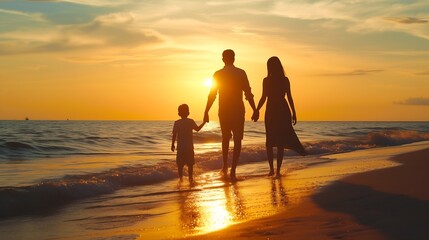 Generative AI : Silhouette, beach and family holding hands in sunset on a holiday at sea together. 