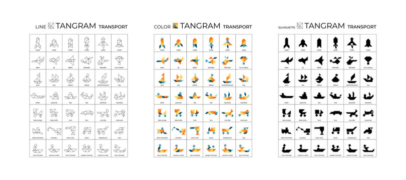Big set of tangram puzzle for kids. Collection of transport. Illustrations of lines, colors and silhouettes. Isolated icons on white background. Game for brain development. Stock vector illustration.