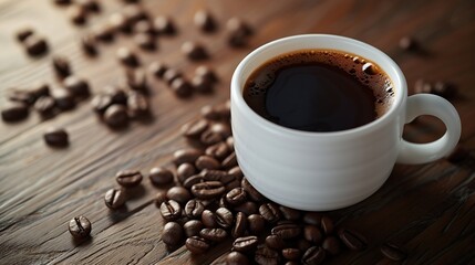 Fototapeta premium Generative AI : Coffee in a white coffee cup and many coffee beans placed around 