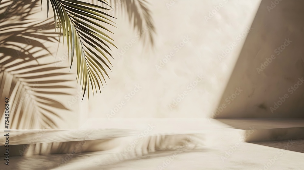 Aufkleber Generative AI : Minimal product placement background with palm shadow on beige plaster wall. 