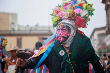 Papier Peint photo autocollant Carnaval Dancers of the Ancash region with their typical costumes in the parade in the historical center of Lima, Peru.