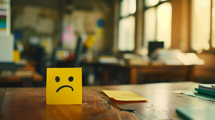a sticky note with an unhappy face drawn on it by a disgruntled employee  - obrazy, fototapety, plakaty