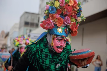 Poster de jardin Carnaval Dancers of the Ancash region with their typical costumes in the parade in the historical center of Lima, Peru.