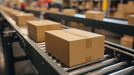 E-commerce Snapshot: Closeup of Multiple Cardboard Boxes on Conveyor Belt in Warehouse, Reflecting the Dynamics of Fulfillment, Delivery, and Automation	
 - obrazy, fototapety, plakaty