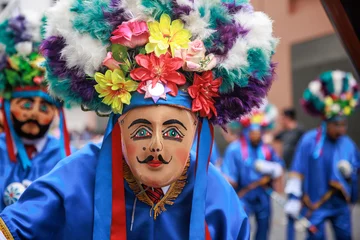 Plexiglas keuken achterwand Carnaval Dancers of the Ancash region with their typical costumes in the parade in the historical center of Lima, Peru.