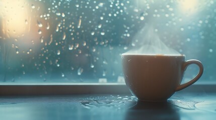 Generative AI : Steaming coffee cup on a rainy day window background