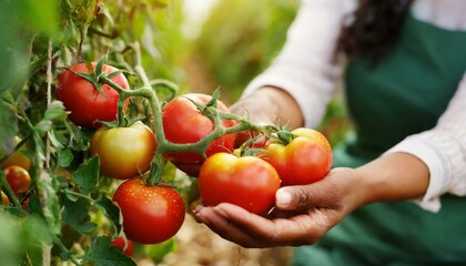 Woman farmer hands picking fresh organic tomatoes in garden. Harvest agriculture concept.	

