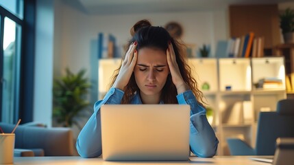 Generative AI : Young frustrated woman working at office desk in front of laptop suffering from chronic daily headaches - obrazy, fototapety, plakaty