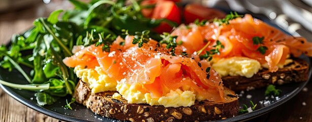 Smoked salmon and scrambled egg on toast with salad, healthy breakfast - obrazy, fototapety, plakaty