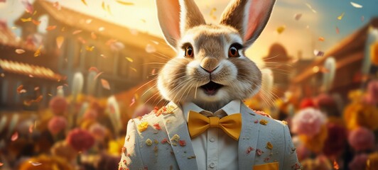 Cheerful Easter bunny in a suit with a bow tie during holiday celebrations. Easter rabbit costume. Happy Easter Cards & Greetings. Easter banner, poster, wallpaper